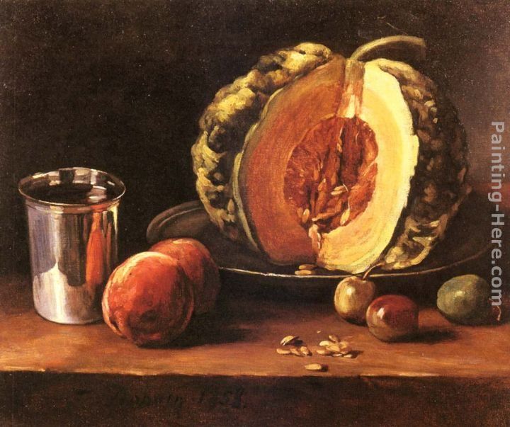 Francois Bonvin Still life with a Pumpkin, Peaches and a Silver Goblet on a Table Top
